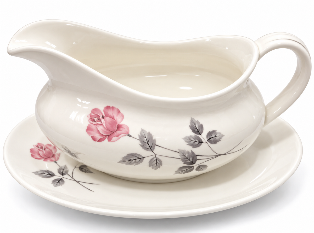 Royal Doulton Pillar Rose fine bone china gravy boat and matching stand with pink roses and grey leaves