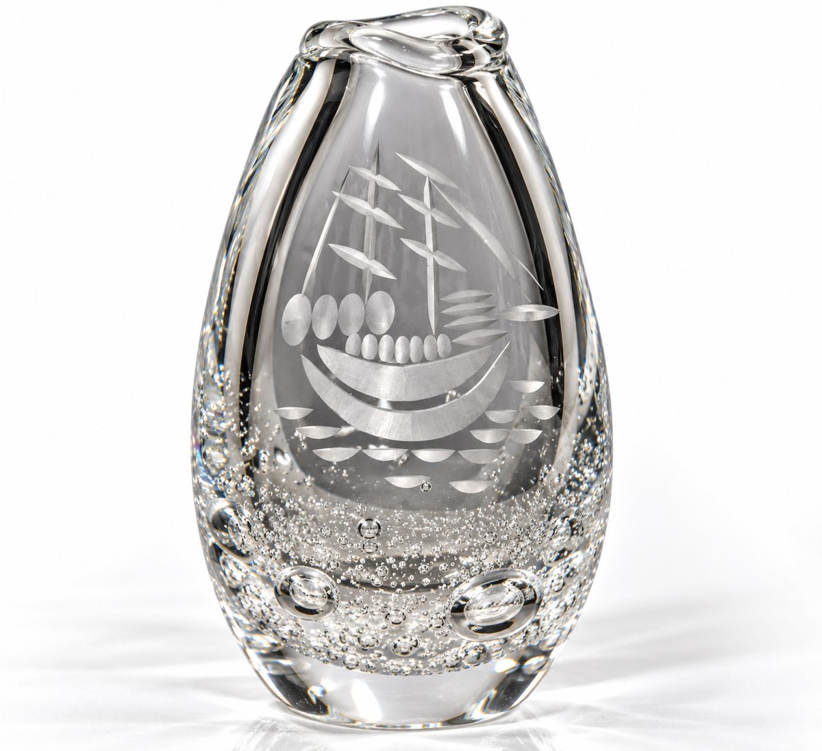 Vintage Heavy Hand-Blown Bubble Glass Vase with Engraved Galleon – 6.5"