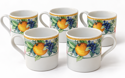 Set of five Wedgwood Home Eden fine porcelain fruit pattern mugs
