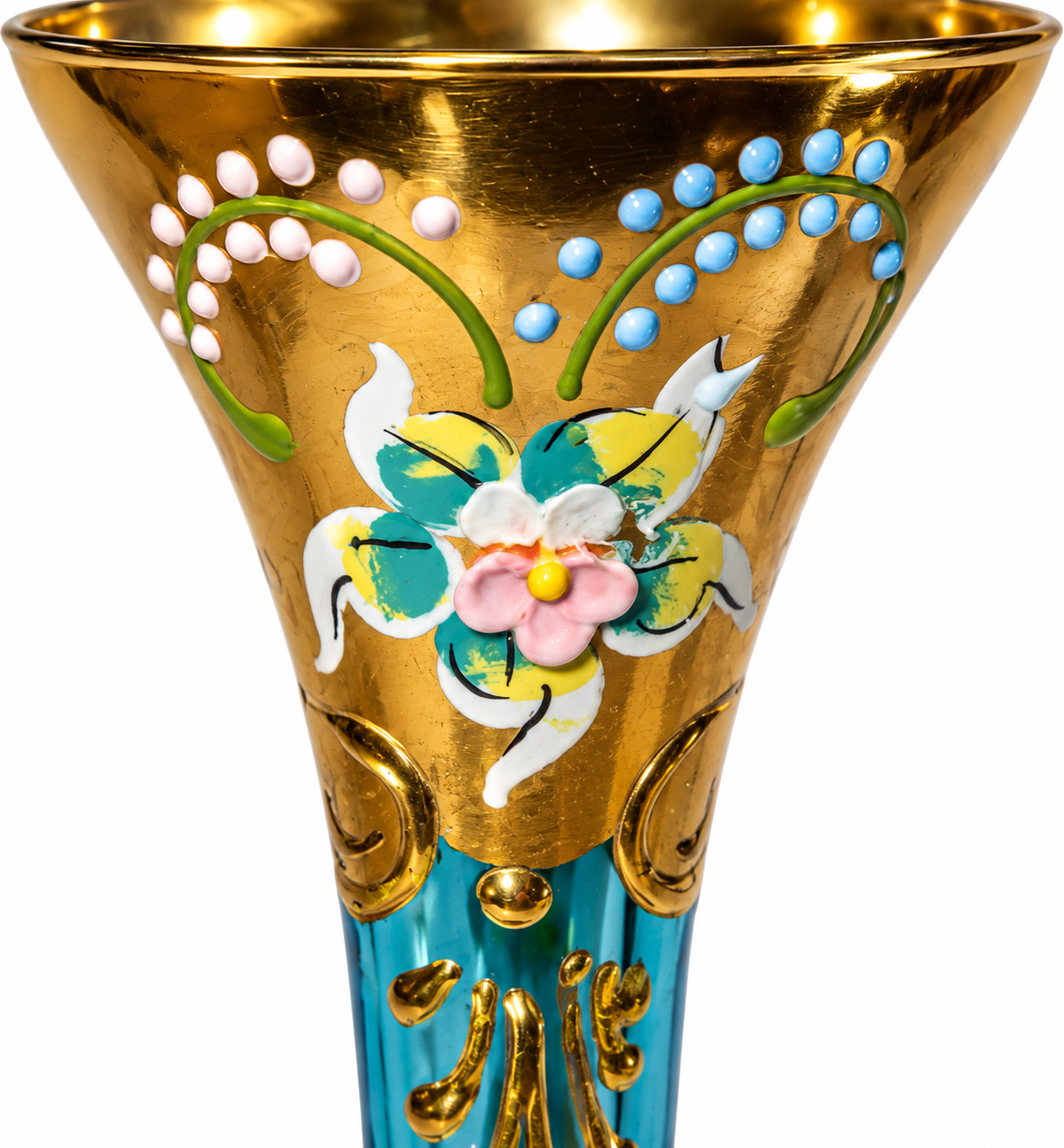 Vintage Blue & Gold Enamelled Floral Glass Trumpet Vase – 6 Inch