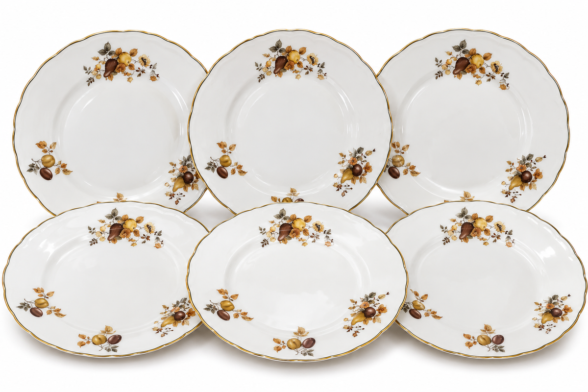 Set of six Royal Worcester Golden Harvest fine bone china dinner plates with autumn fruit decoration and gilt rims