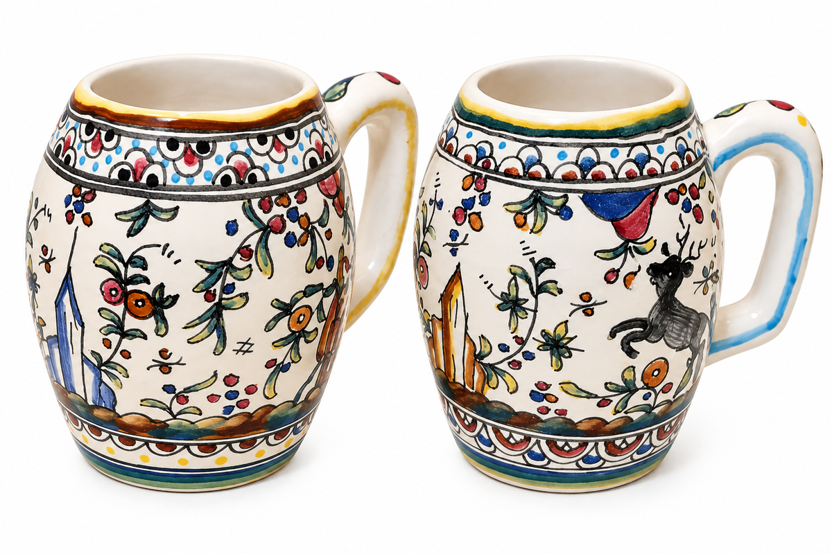 Berardos Portugal Hand-Painted Faience Pottery Mugs – Pair