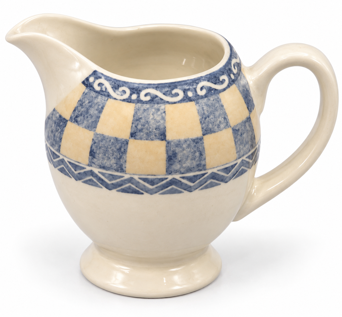 Churchill Ports of Call Cadiz milk jug by Jeff Banks with blue checked geometric decoration