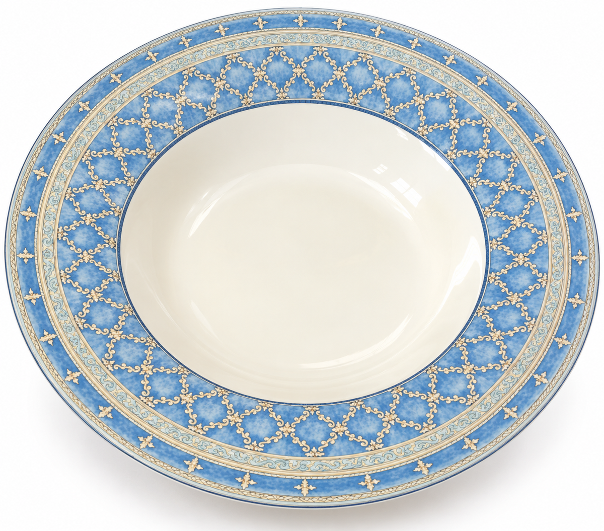 Churchill Ports of Call Prague Jeff Banks blue and white 9-inch rimmed pasta soup bowl, front view