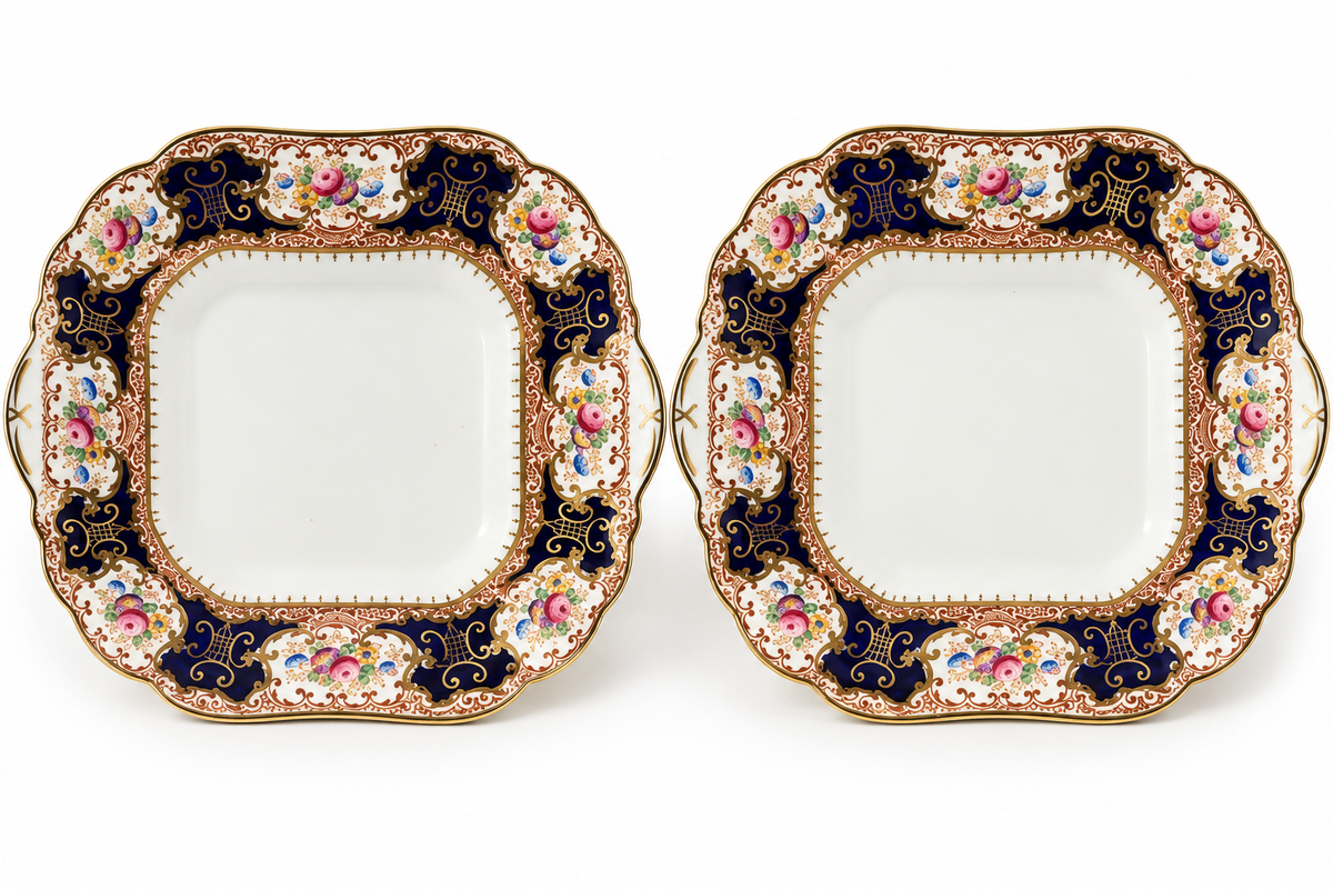 James Shelley Wild JSW Cobalt Blue & Gilt Floral Handled Plates – Pair c.1922–27