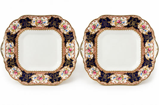 James Shelley Wild JSW Cobalt Blue & Gilt Floral Handled Plates – Pair c.1922–27