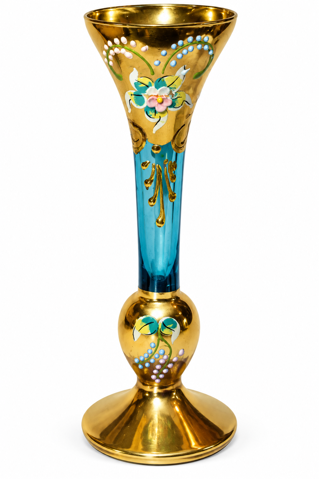 Vintage Blue & Gold Enamelled Floral Glass Trumpet Vase – 6 Inch