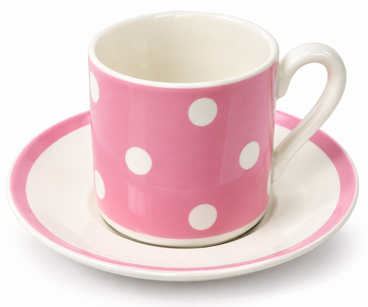 A pink and white ceramic teacup with white polka dots on a matching saucer, set against a plain white background.