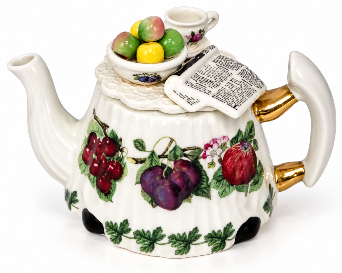 A white porcelain teapot decorated with painted red and purple fruits, green leaves, and gold accents on the handle and spout. On top of the lid sits a small cup, a saucer with colorful fruit, and an open book.