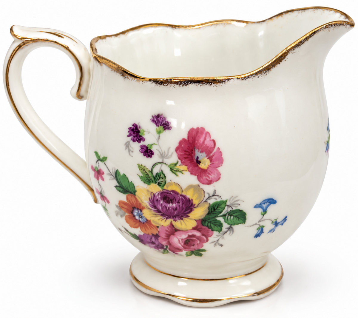 Royal Albert Barbara Ann floral bone china cream jug with gilt trim, front view