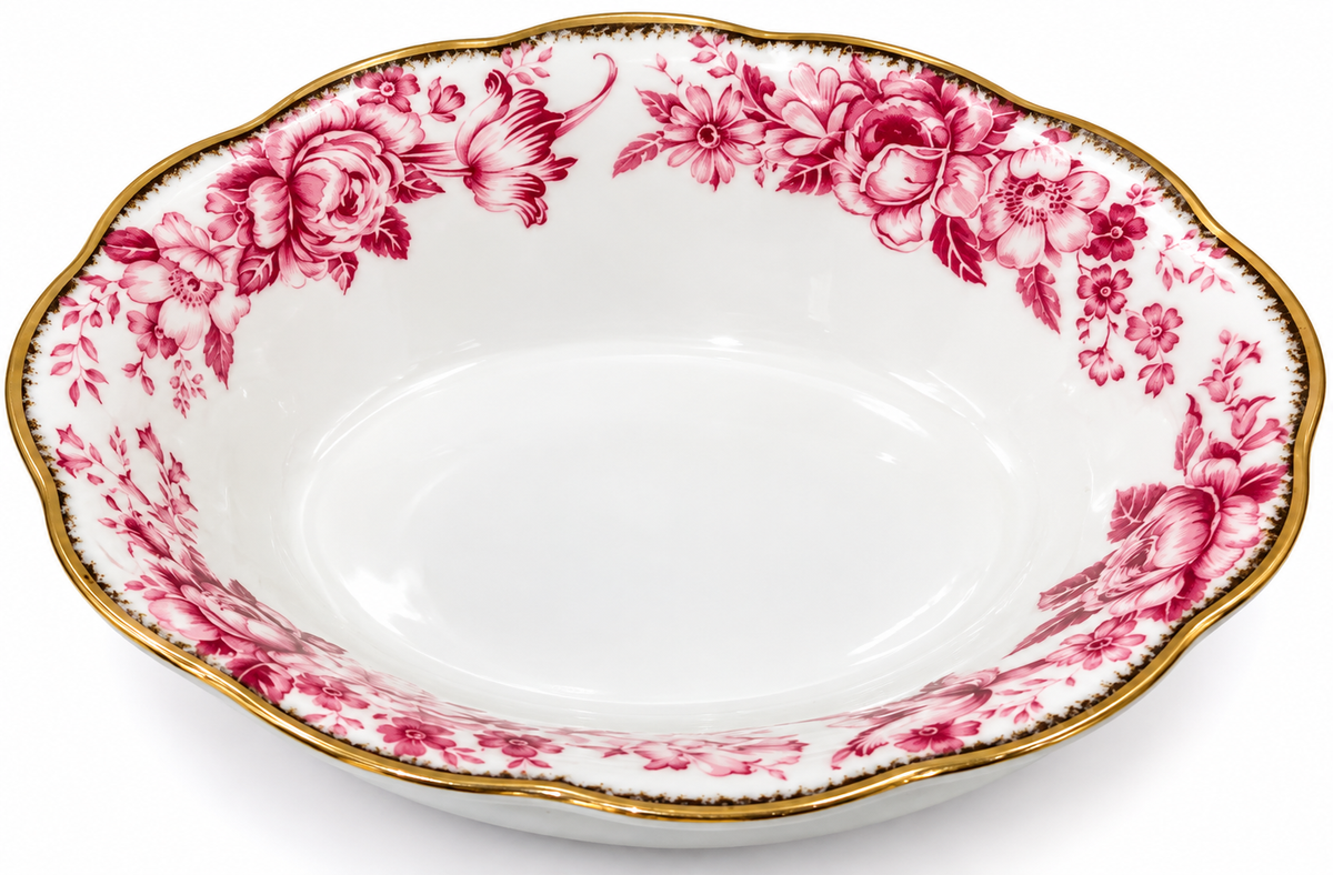 A white ceramic serving bowl with a pink floral pattern around the rim and a gold scalloped edge, shown on a white background.