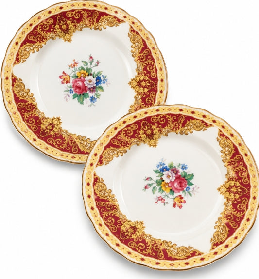 Aynsley Burgundy Red & Gold Floral Side Plates – Pair, Fine Bone China, England