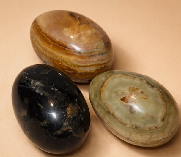 Set of 3 Vintage Polished Banded Calcite Stone Eggs