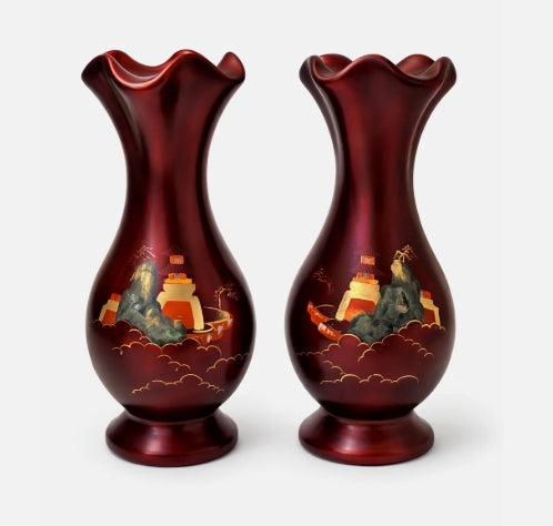 Pair Vintage Japanese Red Satin Glass Pagoda Vases with Abalone Inlay – 9"