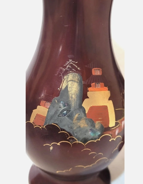Pair Vintage Japanese Red Satin Glass Pagoda Vases with Abalone Inlay – 9"