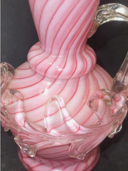 Vintage Pink & White Spiral Cased Art Glass Ewer with Applied Clear Glass – 20cm