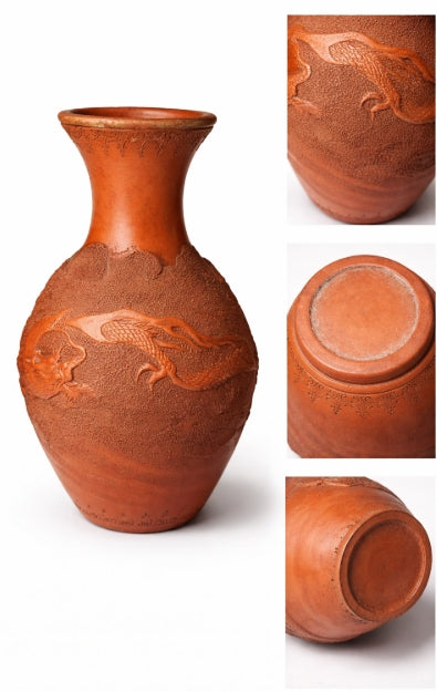 Vintage Japanese Tokoname Red Clay Dragon Relief Vase 8 Inch, detail view