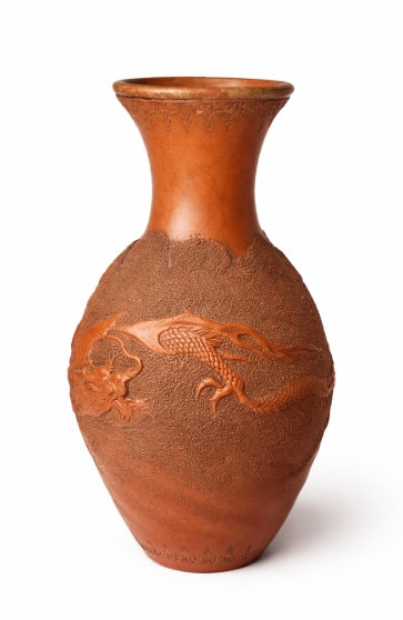Vintage Japanese Tokoname Red Clay Dragon Relief Vase 8 Inch