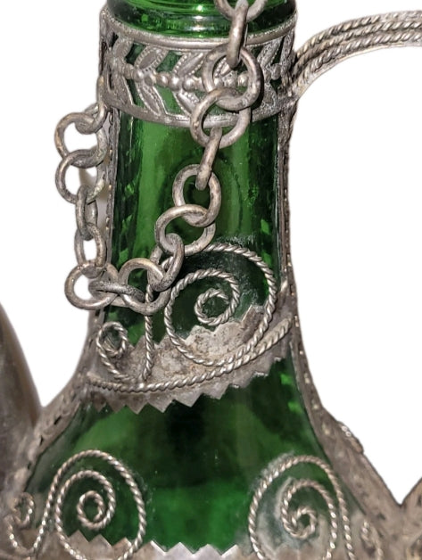 Vintage Ioannina Greek Green Glass Ewer with Ornate Metal Filigree