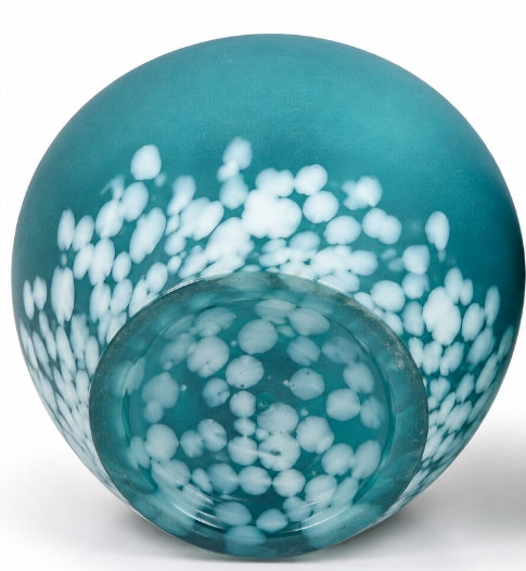 White spatter mottled satin finish and teal-blue glass detail on the vintage 5-inch art glass vase
