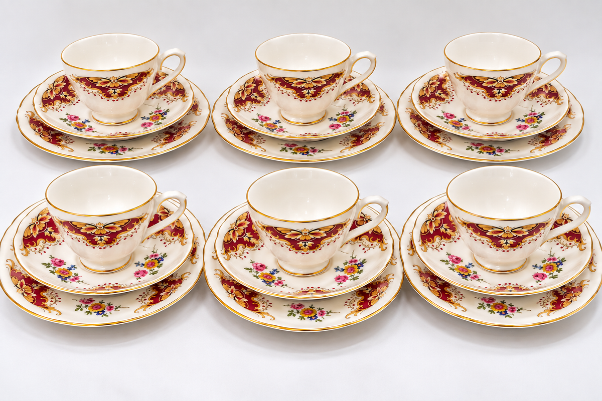 Set of 6 Vintage Duchess Bone China Burgundy Gold Floral Tea Trios – 18 Pieces
