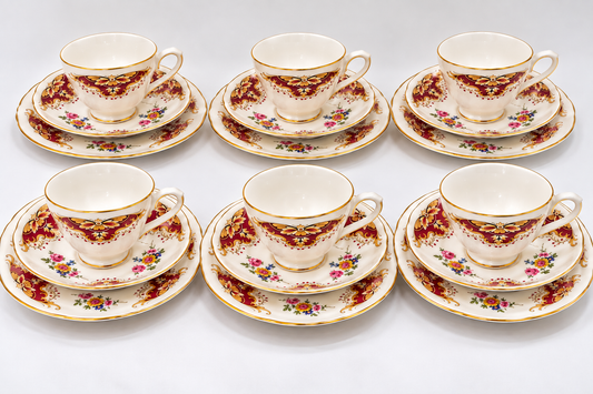Set of 6 Vintage Duchess Bone China Burgundy Gold Floral Tea Trios – 18 Pieces