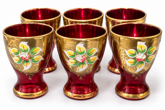 Six goblets with deep red glass bodies, gold rims and bases, and hand-painted floral motifs in green, yellow, white, and pink, arranged on a white background.