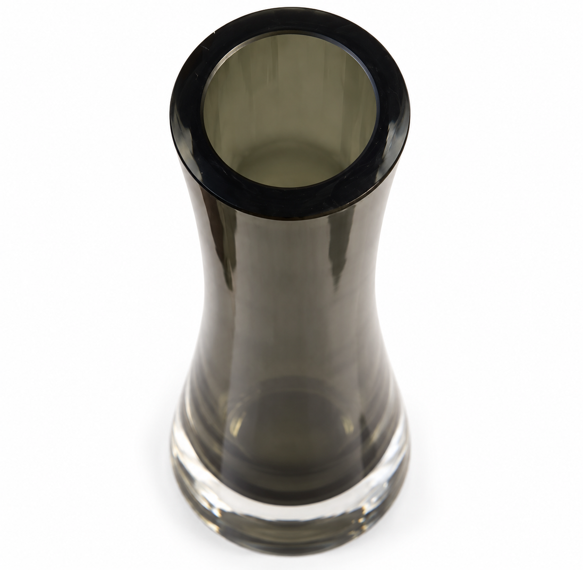 Smoky grey and black art glass vase showing the solid clear glass base