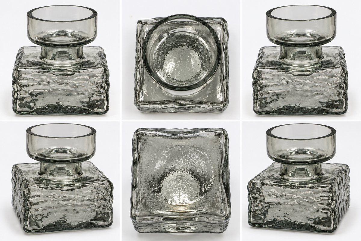 Additional views of the Dartington FT98 Polar Flint Grey glass candle holder by Frank Thrower