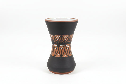 Tenby Pottery hand-thrown black bud vase with incised geometric decoration
