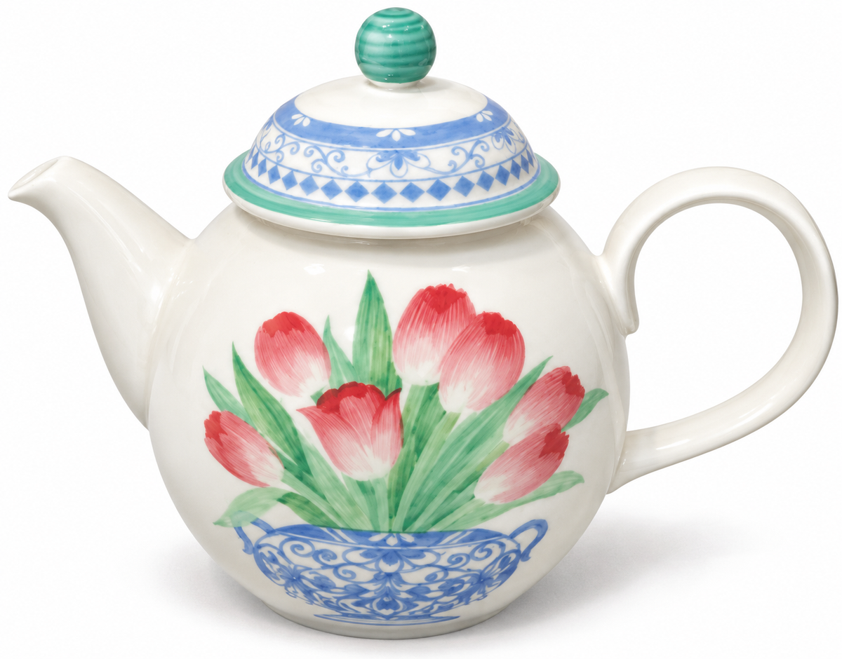 A white ceramic teapot decorated with a hand-painted red tulip bouquet in green leaves and a blue ornate floral pattern on the lid and base, set against a plain white background.