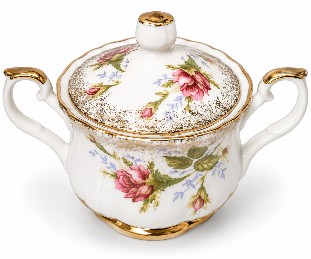 Vintage Chodzież Pink Moss Rose Porcelain Lidded Sugar Bowl Gold Trim Poland