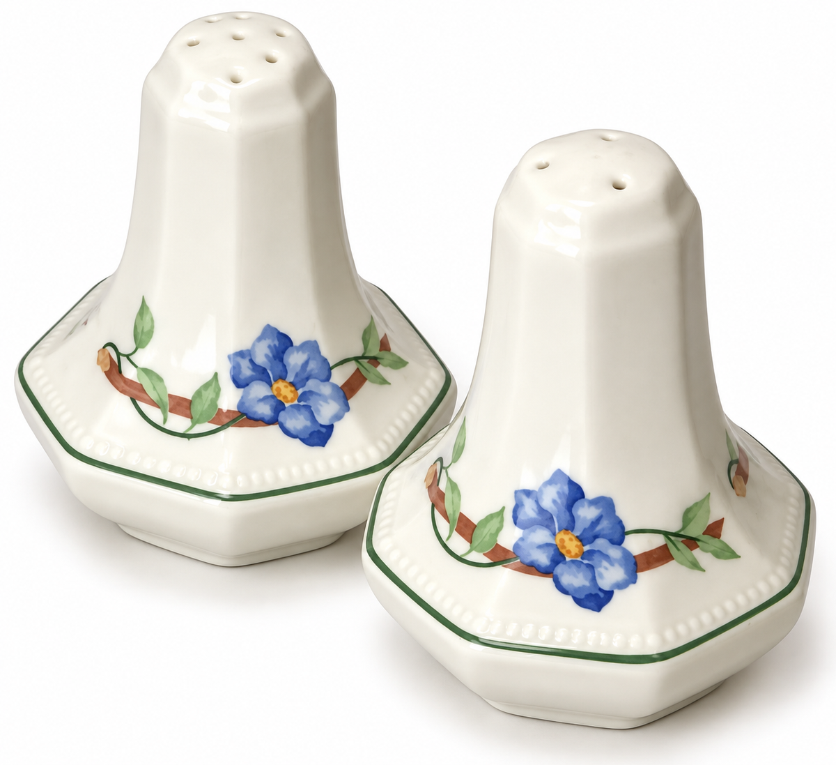 Johnson Brothers Garden Trellis matching ceramic salt and pepper shakers with blue flowers and green trim
