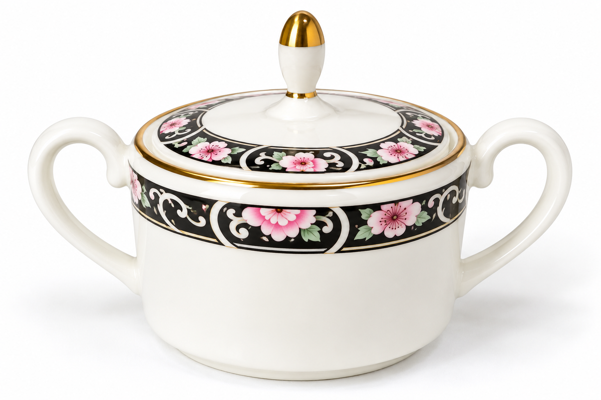 Coalport Richmond Black Pink Floral Bone China Lidded Sugar Bowl England