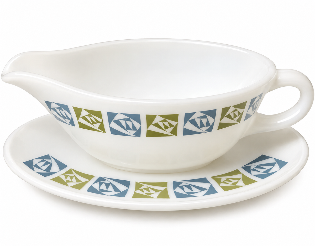 Vintage JAJ Pyrex Chequers Gravy Boat & Underplate 1960s England