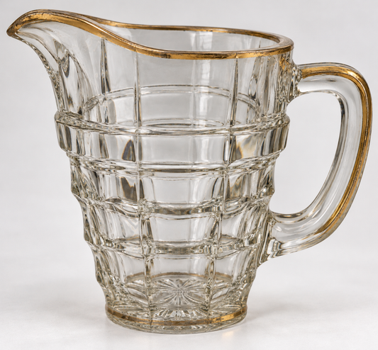 Vintage Jacobean Style Pressed Glass Water Jug with Gold Gilt Detail – 6¼"