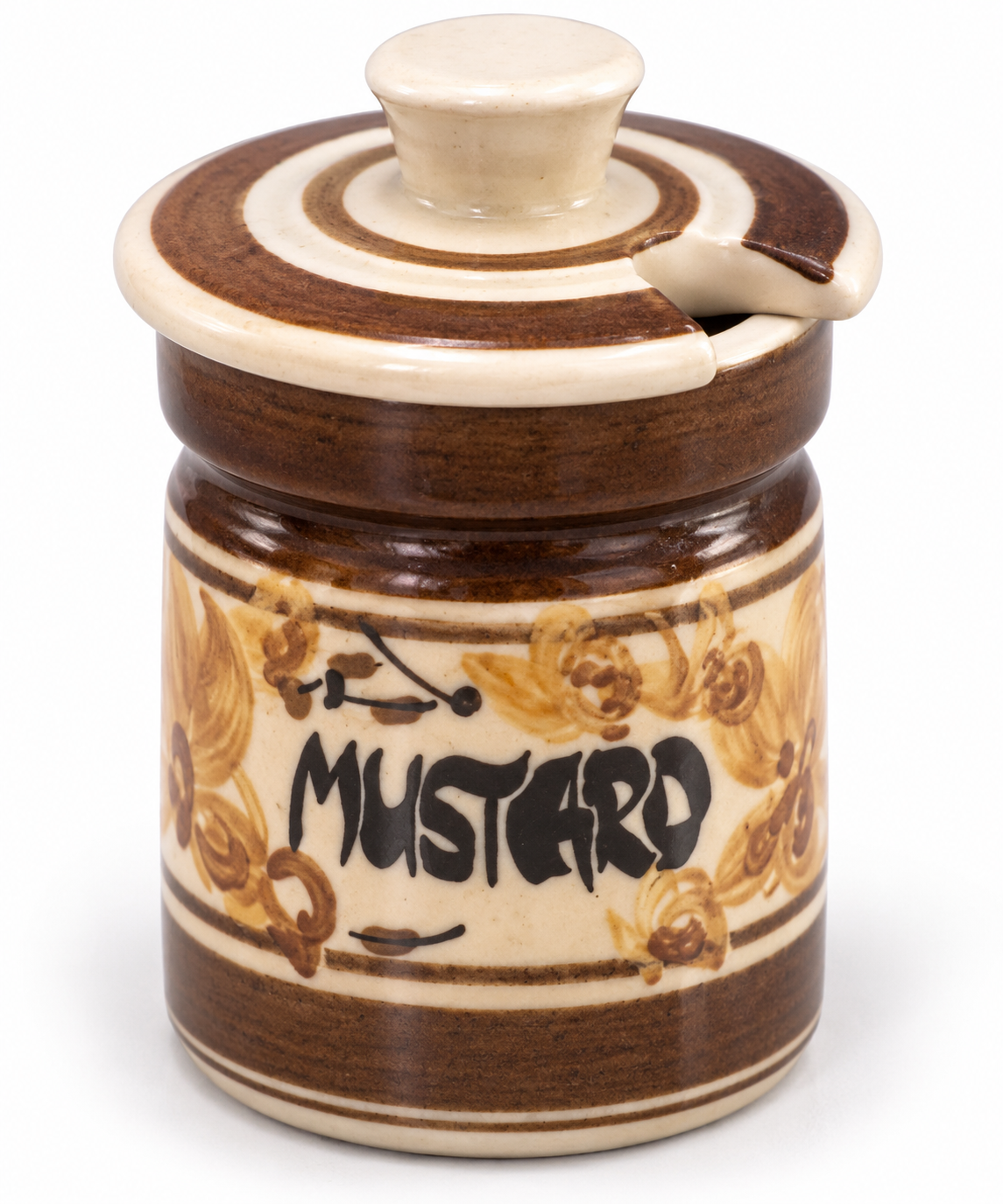 Vintage Moulin Huet Pottery hand-painted mustard pot from Guernsey, showing the decorated ceramic pot
