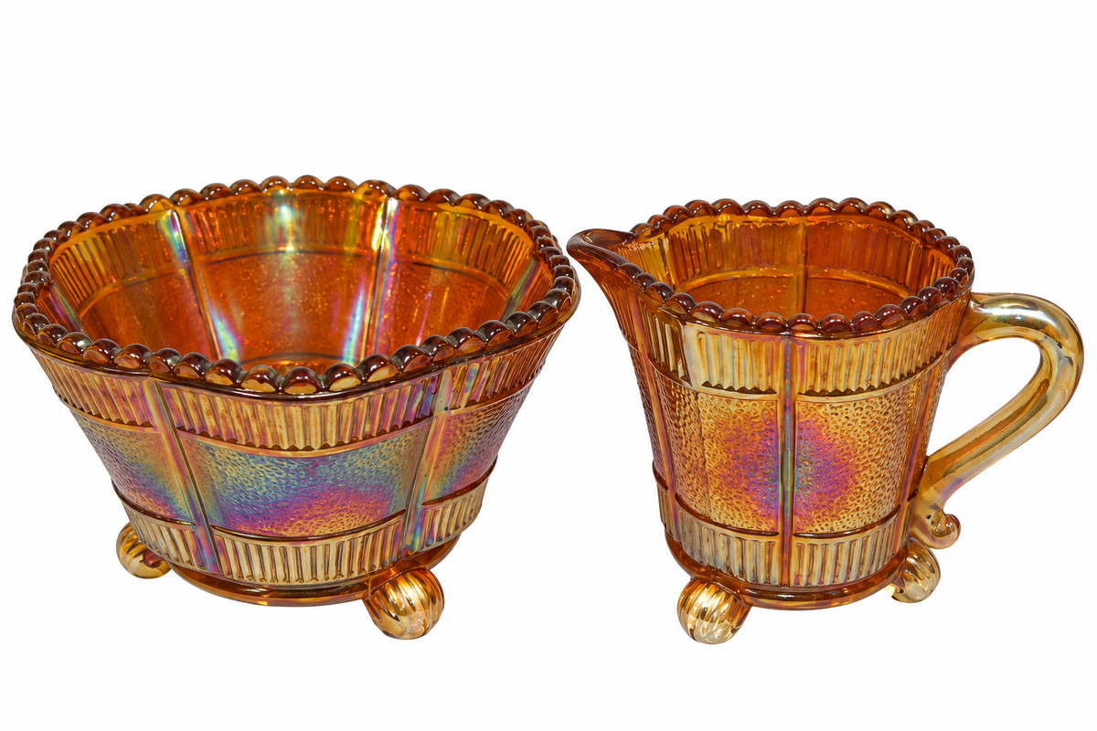 Vintage Sowerby Lea Marigold Carnival Glass Sugar Bowl & Cream Jug Set