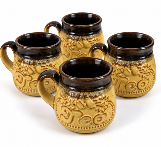 Vintage Stonebridge Pottery Set of 4 Retro Brown Yellow Embossed Tea Mugs