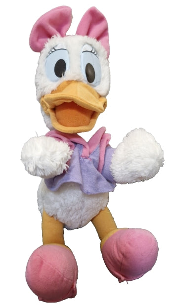A plush toy of Daisy Duck, featuring white fur, pink bow and feet, a lavender top, and an orange beak, set against a plain white background.