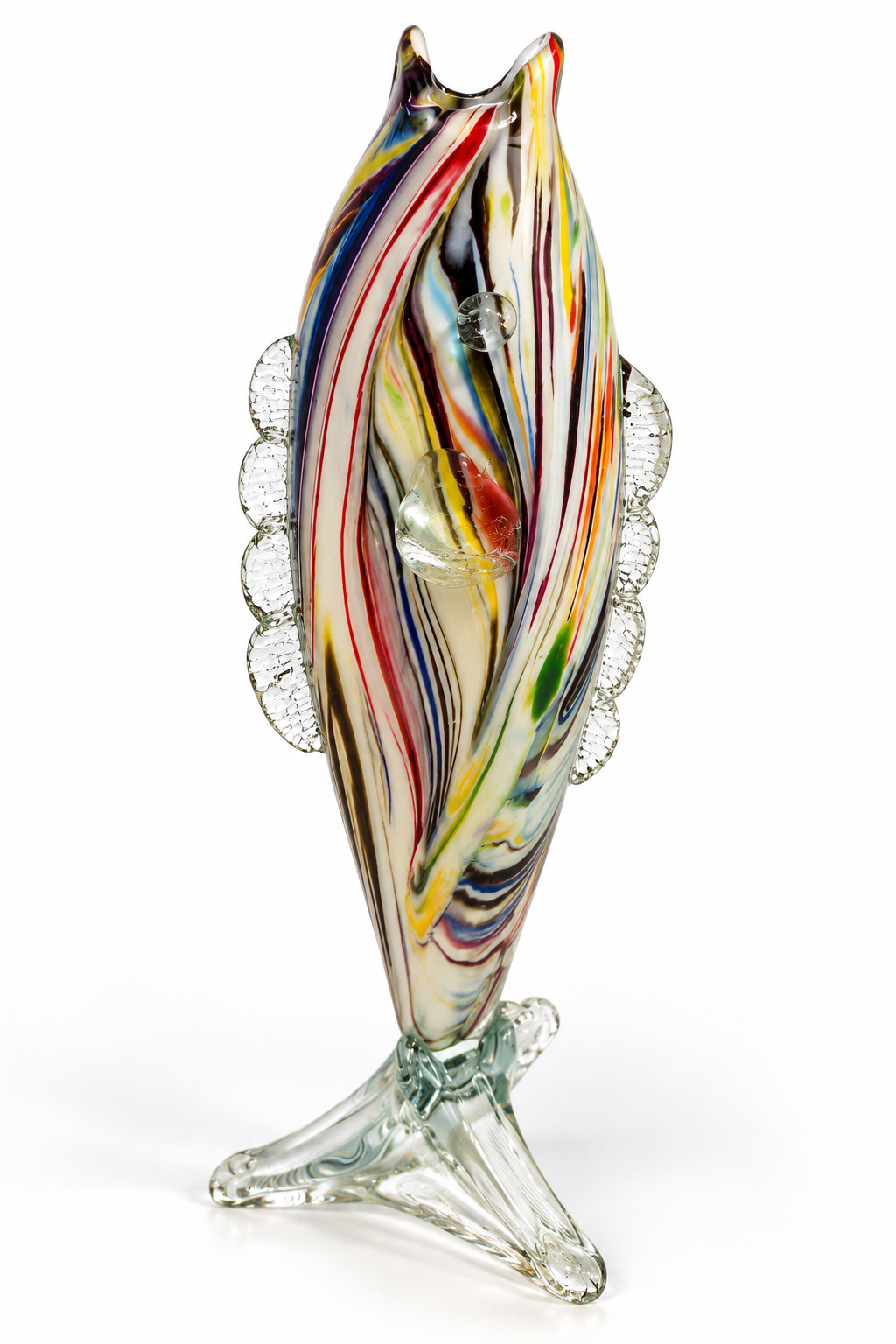A hand-blown glass sculpture of a stylized fish with swirling multicolor glass stripes in red, yellow, blue, green, and white, mounted on a clear glass stand against a white background.