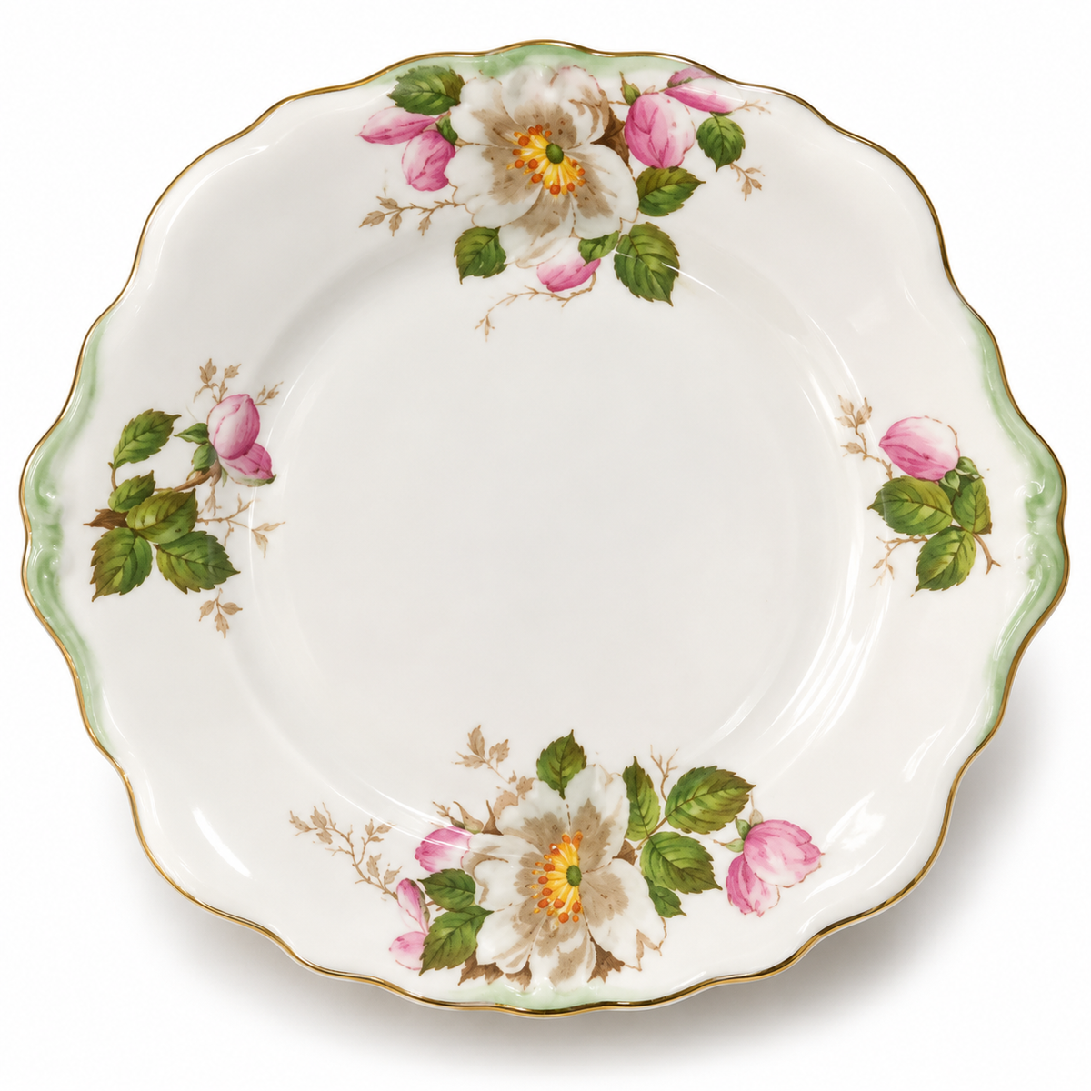 Royal Albert Crown China Christmas Rose eared cake plate with pink floral decoration, pale green edging and gilt trim