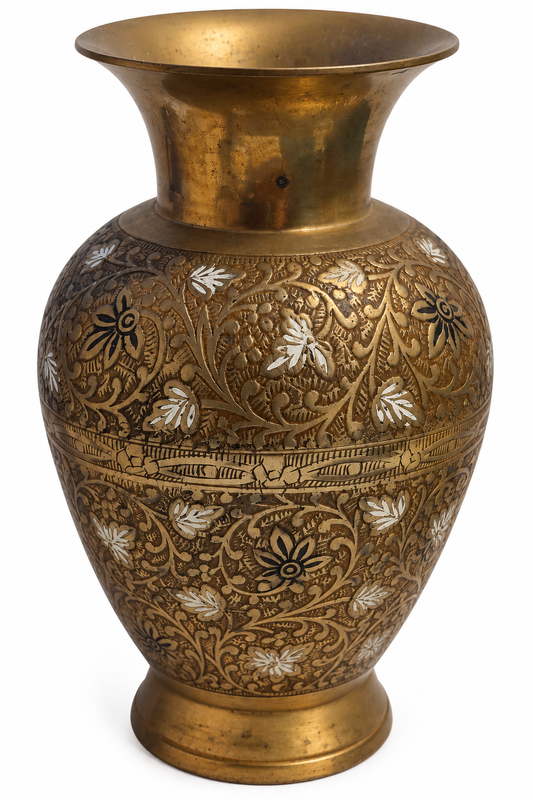 An ornate brass-colored metal vase with intricate floral engravings and inlay details, set against a plain white background.