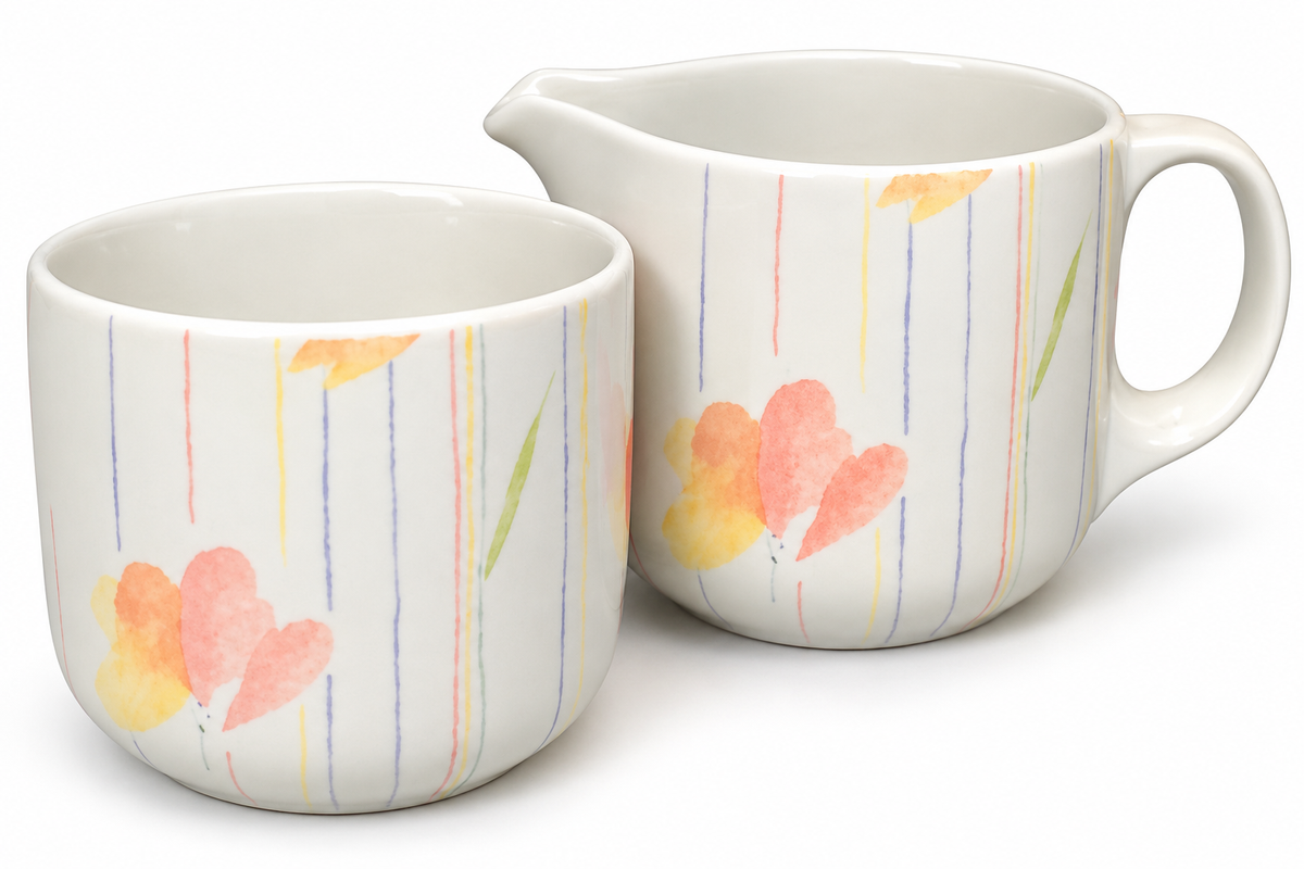 A matching ceramic mug and creamer pitcher set with a white base, decorated with vertical pastel stripes in blue, yellow, orange, and green, along with watercolor-style peach and yellow flowers.