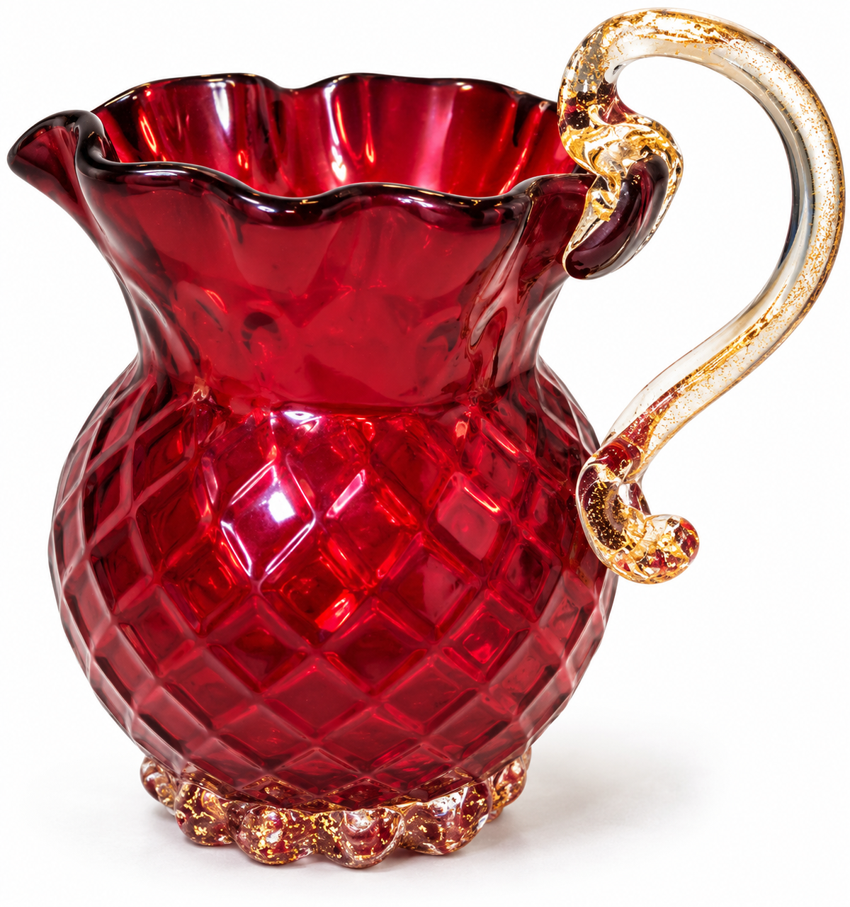 A vintage-style red glass pitcher with a textured, diamond-cut pattern on the body, a fluted rim, and a curved handle accented with gold detailing, set against a plain white background.