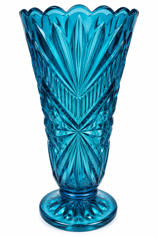 A vibrant blue cut-glass vase with a flared scalloped rim, featuring a geometric starburst pattern on the body and a matching base, shown against a plain white background.