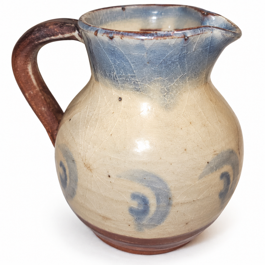 Vintage Wattisfield Ware Suffolk pottery jug with cream and blue-grey crazed glaze
