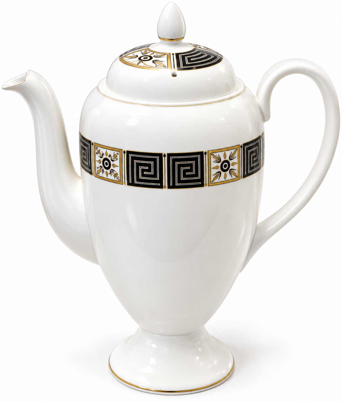 A white porcelain teapot with a black and gold Greek key pattern band around the middle, shown on a clean white background.