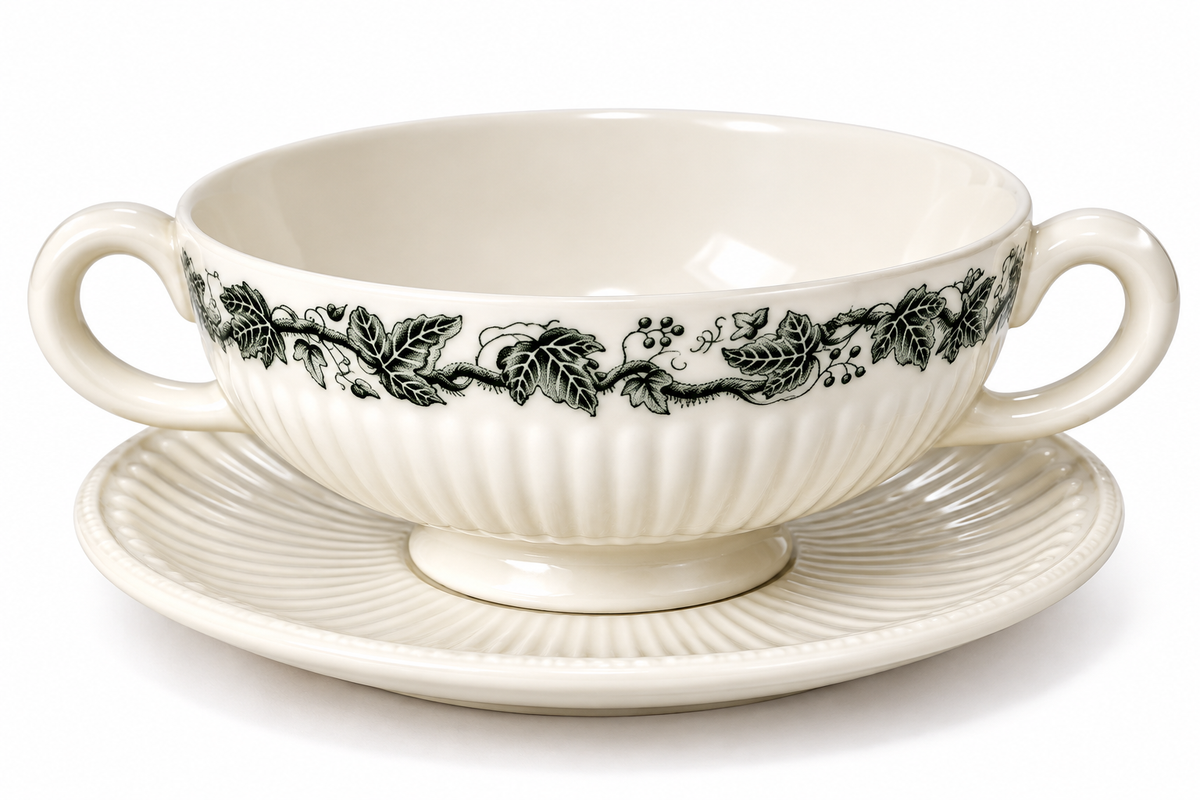 Wedgwood Stratford Two-Handled Soup Coupe Bowl and Saucer, Black Floral, England