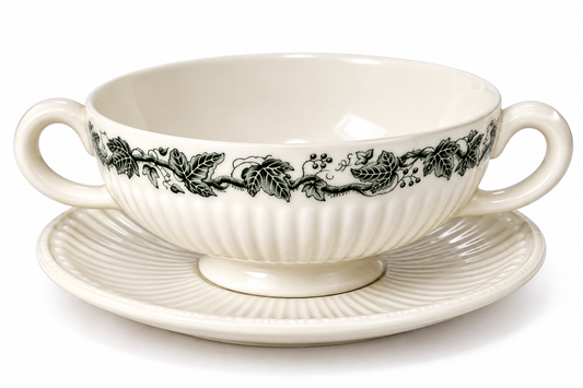 Wedgwood Stratford Two-Handled Soup Coupe Bowl and Saucer, Black Floral, England